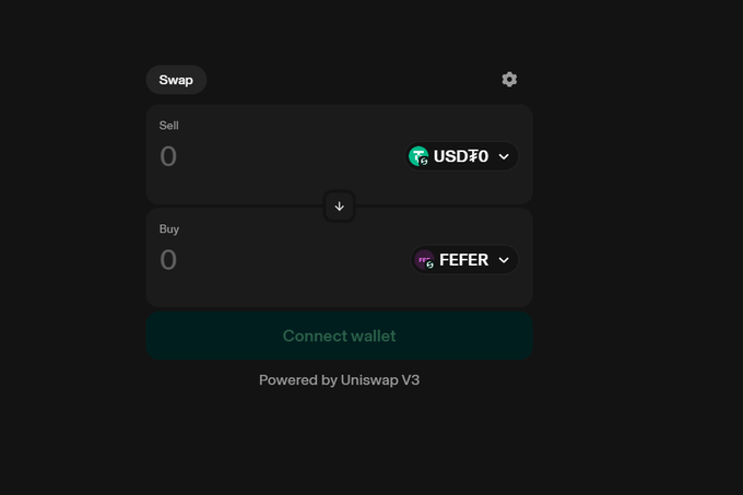 A dark-themed Uniswap V3 swap interface displays a token exchange between "USD₮0" (sell) and "FEFER" (buy), with a "Connect wallet" button and "Powered by Uniswap V3" label at the bottom. The image appears to show a legitimate DEX swap for the FEFER token, which the post references as the official chain's DEX offering better alternatives to the allegedly rugged Dyorswap.