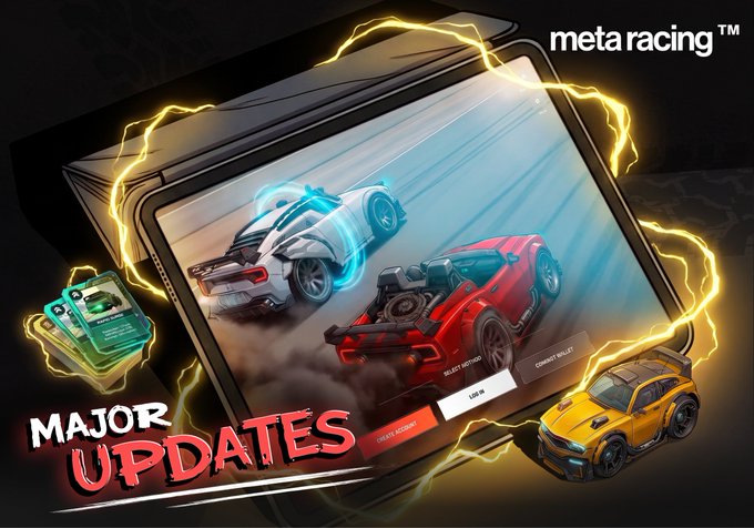 A promotional graphic for "meta racing" displaying "MAJOR UPDATES" with a tablet showing two racing cars (white and red) and a yellow sports car.