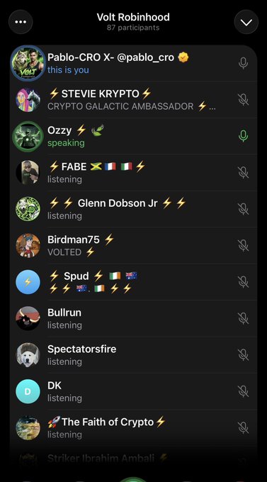 A screenshot of a Twitter Space called 'Volt Robinhood' showing 87 participants, with Pablo-CRO X identified as the speaker and various crypto-themed attendees like Stevie Krypto, Ozzy, FABE, and Glenn Dobson Jr.