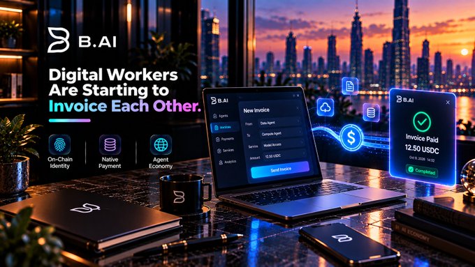 B.AI advertisement declaring 'Digital Workers Are Starting to Invoice Each Other,' depicting a laptop showing a 'New Invoice' screen and a mobile confirmation for 'Invoice Paid 12.50 USDC,' alongside icons for on-chain identity, native payment, and agent economy.