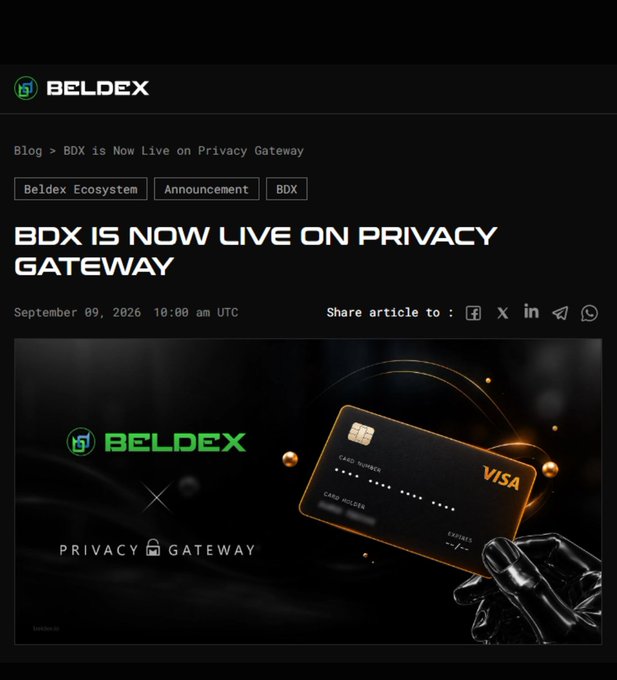 A webpage article titled 'BDX IS NOW LIVE ON PRIVACY GATEWAY' from Beldex, dated September 09, 2026. The featured image shows a black Visa credit card held by a robotic hand, with the Beldex and Privacy Gateway logos.