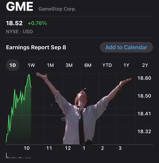 A screenshot of GameStop Corp. (GME) stock at $18.52 (+0.76% on NYSE) features a meme of a man throwing cash in celebration overlaid on the chart, humorously matching the post's "FIREFIGHT" hype over the ticker.