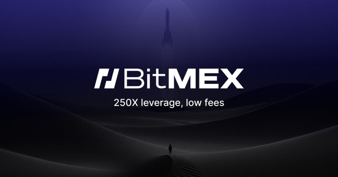 The image shows a BitMEX promotional graphic with a dark, surreal landscape featuring a silhouetted figure walking toward a rocket ship in the distance, with the text "BitMEX – 250X leverage, low fees." The rocket imagery evokes a sense of "liftoff" or departure, fittingly symbolizing BitMEX shutting down operations on September 23.
