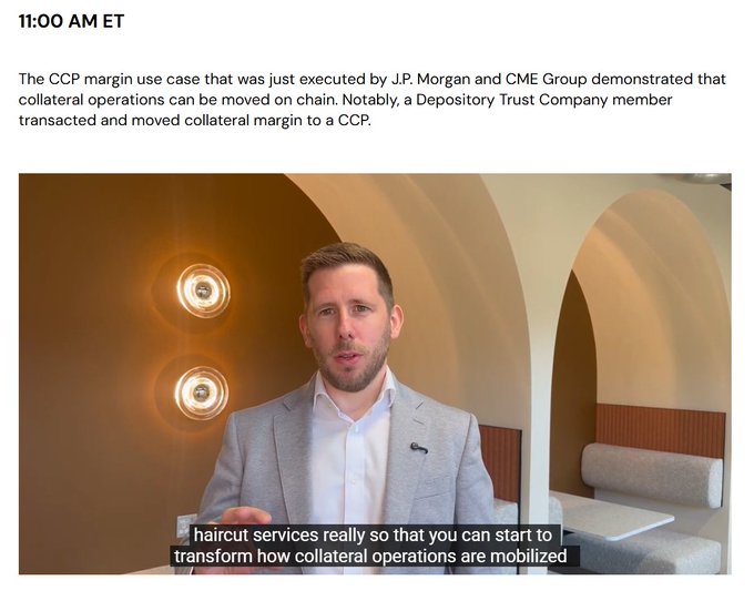A CNBC news segment timestamped 11:00 AM ET discussing a J.P. Morgan and CME Group CCP margin use case for moving collateral operations on chain, featuring a man in a gray suit with subtitles reading 'haircut services really so that you can start to transform how collateral operations are mobilized.'