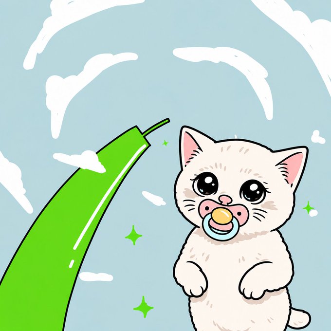 A cute cartoon illustration of a white kitten with a blue and yellow pacifier, with a large green price-up arrow curving upward behind it against a blue sky background.