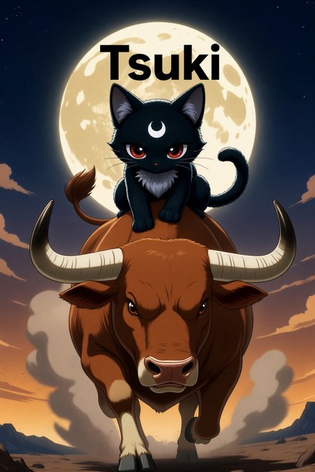 An illustrated poster titled 'Tsuki' depicting a black cat with a crescent moon marking on its forehead sitting atop a large brown bull, set against a full moon backdrop.