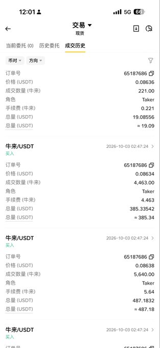 Screenshot of a cryptocurrency trading history showing multiple buy orders for the trading pair 牛来/USDT on a mobile app.