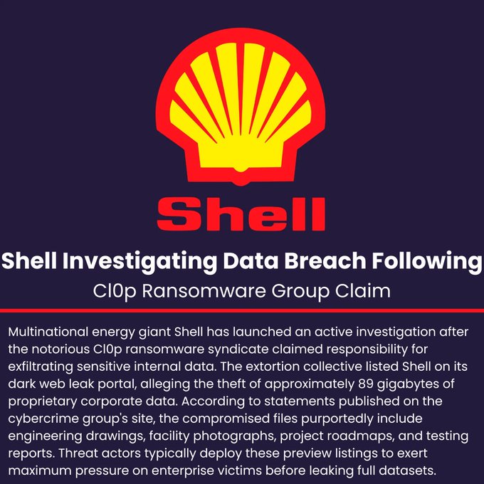 A news graphic with the Shell logo announces 'Shell Investigating Data Breach Following Cl0p Ransomware Group Claim,' detailing that the Cl0p syndicate listed Shell on its dark web portal, alleging the theft of approximately 89 gigabytes of proprietary corporate data including engineering drawings and project roadmaps.
