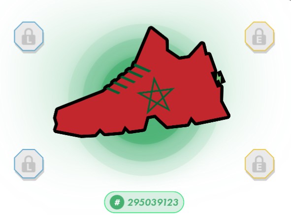 The image shows the flag of Morocco (red with a green star) displayed within a map outline, surrounded by lock icons and a green progress counter reading "# 295039123," fitting the STEPN context of a World Cup tournament progression chart where Morocco is the next opponent after the current match.