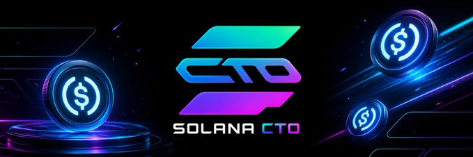 The image features a banner with the words "CTO" written in blue, purple, green, and white letters. Below this, there are three circles of different colors - blue, purple, and pink. The text "SOL is dumping. The Market is bleeding. Everyone's panicking. Good. This is exactly where communities are built. It's time to CTO Solana. Give the power back." is written in white letters above the circles.
