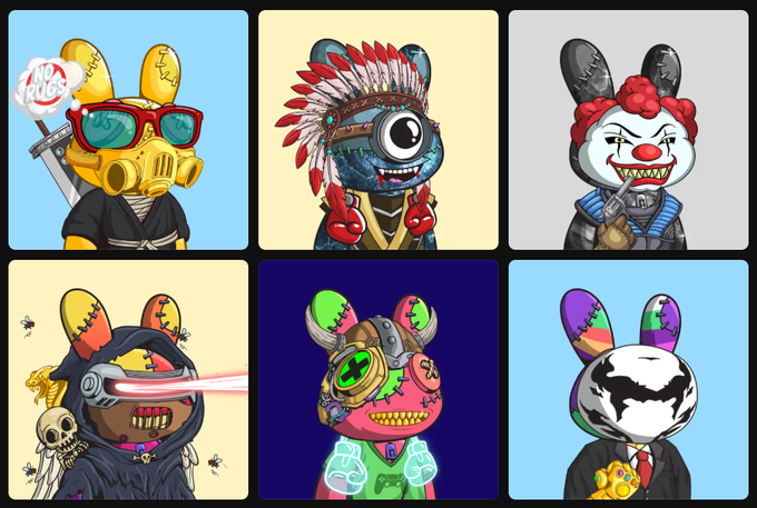 A 2x3 grid of stylized cartoon rabbit characters with various themes, including a gas-mask-wearing rabbit with 'NO WAR' sign, a tribal chief rabbit, a clown rabbit, a cyborg rabbit with laser eyes, a mechanical rabbit, and a rabbit in a Batman-style mask.