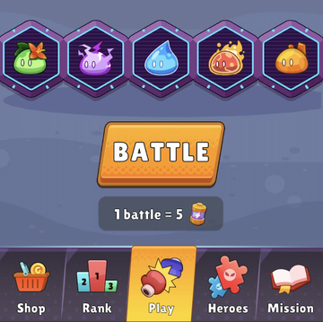 A mobile game interface displaying elemental creature icons at the top, a "BATTLE" button with "1 battle = 5" coins, and navigation tabs for Shop, Rank, Play, Heroes, and Mission.