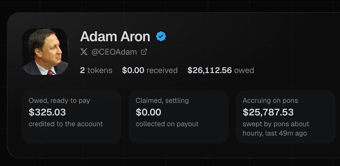 A profile card for Adam Aron (@CEOAdam) displays $26,112.56 owed, with $325.03 ready to pay, $0.00 claimed, and $25,787.53 accruing on the $CASHED platform—directly illustrating the post's claim that $MEME token activity is pumping funds into his linked wallet.
