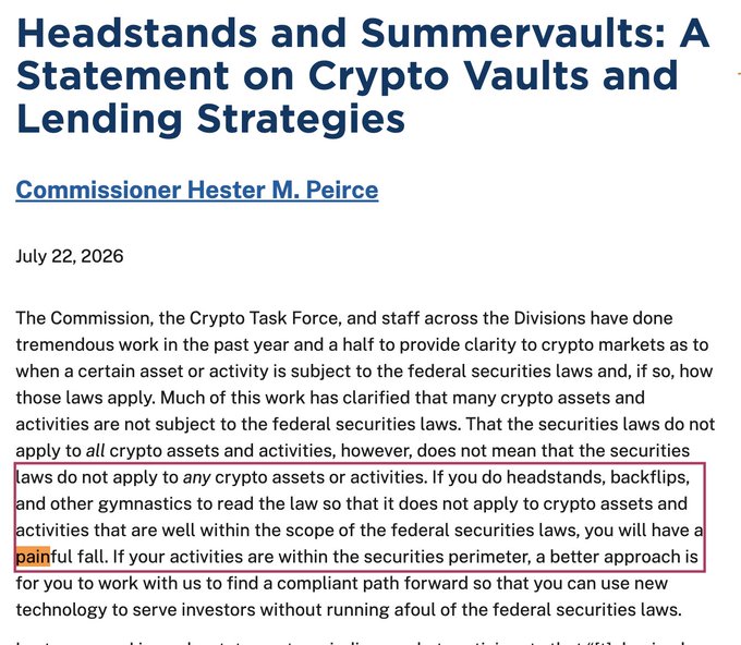 A screenshot of SEC Commissioner Hester M. Peirce's statement titled "Headstands and Summervaults: A Statement on Crypto Vaults and Lending Strategies," dated July 22, 2026, highlighting her warning that crypto projects performing "headstands, backflips, and other gymnastics" to avoid securities laws risk a "painful fall."