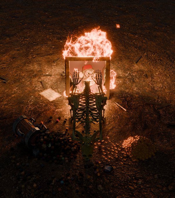 A dark, eerie 3D-rendered scene shows a skeleton figure kneeling before a burning picture frame depicting a cartoon character with a red hat, surrounded by scattered debris.