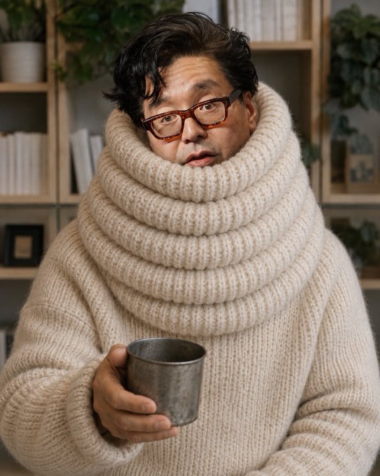 A man wearing an oversized cream-colored turtleneck sweater holds a metal mug, photographed in front of a bookshelf.