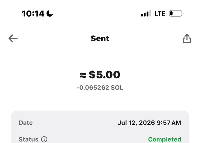 A screenshot of a completed transaction showing approximately $5.00 (0.065262 SOL) was sent on July 12, 2026 at 9:57 AM, representing the tip mentioned in the post.