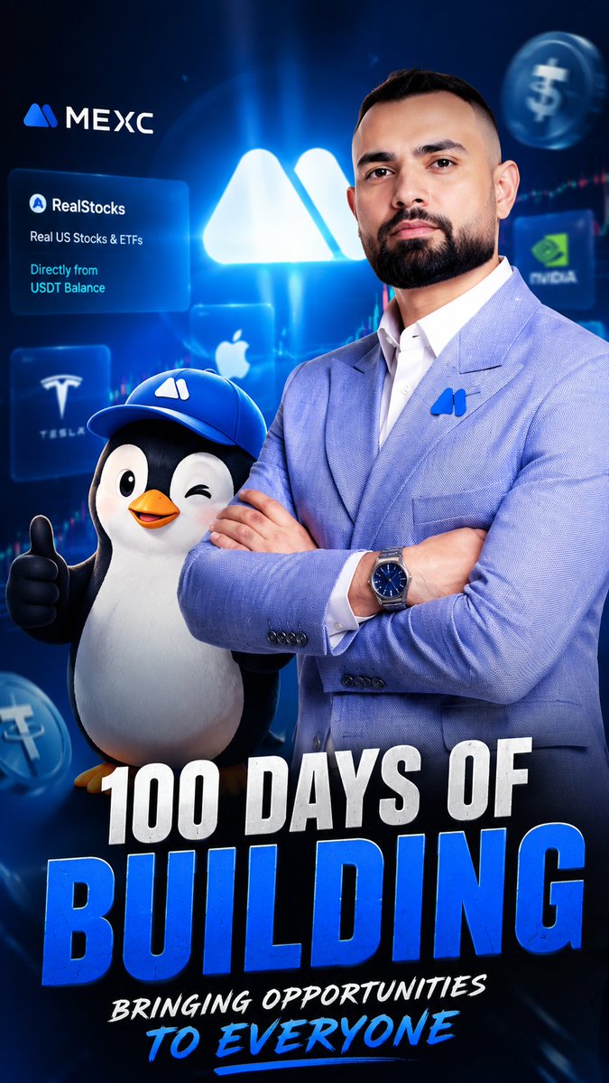 A promotional graphic featuring a man in a blue suit alongside a penguin mascot, with text '100 DAYS OF BUILDING - BRINGING OPPORTUNITIES TO EVERYONE' and the MEXC exchange logo, alongside 'RealStocks' and 'NVIDIA' branding.