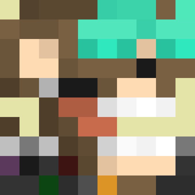 A heavily pixelated image composed of large colored blocks in shades of green, brown, orange, and white.