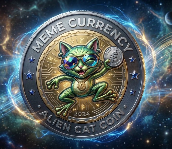 A digital rendering of a 'MEME CURRENCY ALIEN CAT COIN' from 2024, featuring a green alien cat wearing sunglasses and holding a coin against a cosmic background.