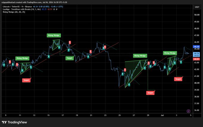 A TradingView chart for Litecoin/USDT showing rising wedge patterns with breakout targets marked in red.