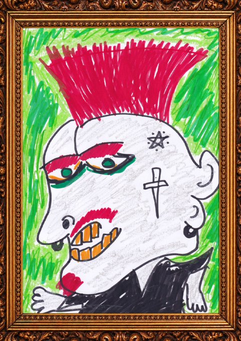 A framed, hand-drawn colored illustration of a white-skinned figure sporting a tall red mohawk, a nose ring, and a cross tattoo on their cheek, set against a green background.