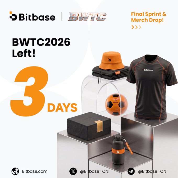 The image is a promotional countdown poster for BWTC2026 by Bitbase, displaying "3 DAYS Left!" alongside merchandise items including an orange and black jersey, bucket hat, soccer ball, gift box, and water bottle, all featuring the Bitbase logo, with social media handles @Bitbase_CN and website Bitbase.com listed at the bottom.