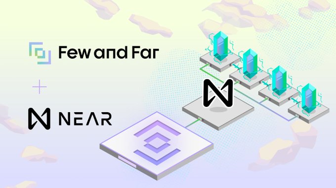 The image displays logos for "Few and Far" and "NEAR" alongside isometric illustrations of a connected block and crystalline NFTs, visually referencing the crypto project. The graphic underscores the post's claim that Few and Far, a NEAR-based NFT platform that raised approximately $10 million, failed to deliver as its founder allegedly diverted funds to gambling, crypto trading, and personal expenses.