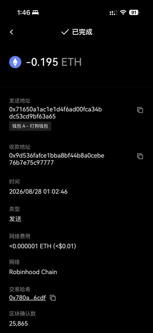 A screenshot of a completed crypto transaction showing 0.195 ETH sent on Robinhood Chain to address 0x9d536fafce1bba8bf44b8a0cebe76b7e75c97777, illustrating the user's claim that they mistakenly sent funds intended for OKX to what they believe was a meme coin contract address instead.