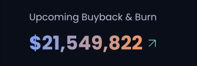 Dark banner announcing an 'Upcoming Buyback & Burn' for crypto with the figure '$21,549,822' and an upward trend arrow.