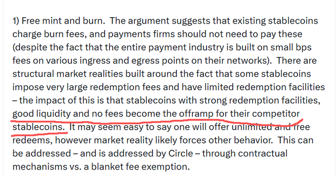An English text excerpt discussing arguments about free mint and burn fees for stablecoins, with a red underline highlighting the phrase "good liquidity and no fees become the offramp for their competitor stablecoins."