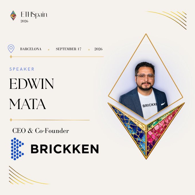 A speaker announcement graphic for 'EHSpain 2026' in Barcelona on September 17, featuring Edwin Mata, CEO & Co-Founder of Brickken, with his photo in an Ethereum-themed diamond frame.