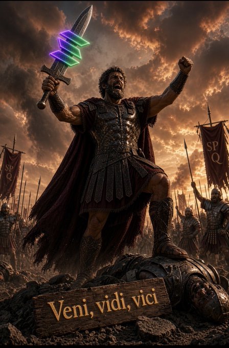 A dramatic digital illustration of a victorious Roman-style warrior in armor raising a glowing multicolored sword and fist on a battlefield, with banners reading 'SPQR' and a wooden sign below inscribed 'Veni, vidi, vici'.