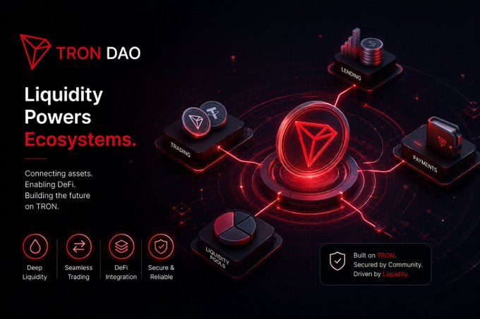 A TRON DAO promotional graphic with the tagline "Liquidity Powers Ecosystems," highlighting features like Deep Liquidity, Seamless Trading, DeFi Integration, and Secure & Reliable.