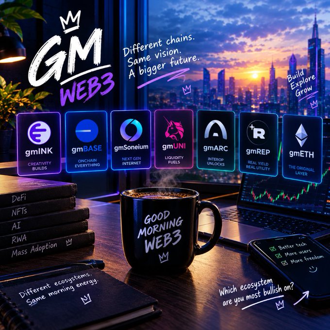 A vibrant Web3 promotional graphic titled 'GM WEB3' showing a 'Good Morning Web3' mug, books labeled DeFi, NFTs, AI, RWA, and Mass Adoption, and various project cards including gmBASE, gmSoneium, gmUNI, gmARC, gmREP, and gmETH.