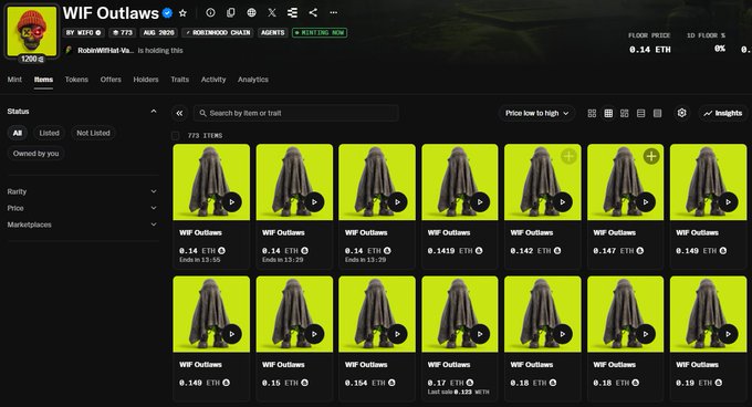 A screenshot of a NFT marketplace showing the WIF Outlaws collection, displaying various items priced between 0.1419 ETH and 0.19 ETH, with the top listing at 0.14 ETH (1,203 items total) owned by "RobinWifHat" - corresponding to the post where the user announces they are currently minting from @RobinWifHat's collection.