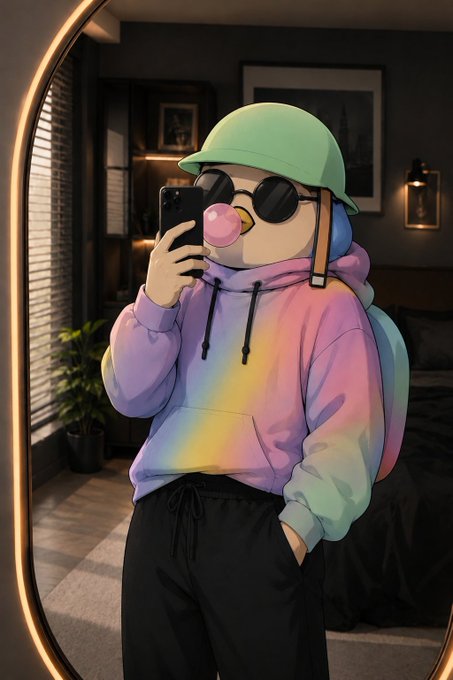 A 3D-rendered cartoon-style figure takes a mirror selfie, wearing a pastel tie-dye hoodie, a green cap, sunglasses, black pants, and a backpack, with a pink bubblegum bubble.