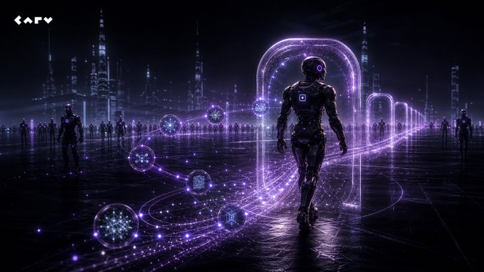 A futuristic sci-fi illustration showing a humanoid robot walking through a glowing purple portal-like structure in a dark cityscape with skyscrapers in the background.
