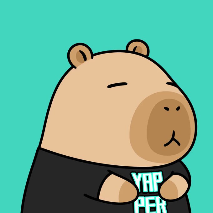 A cartoon capybara wearing a black shirt with 'YAP PER' text stands against a bright turquoise background.