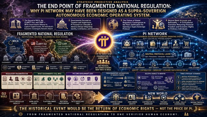 A 'STRATEGIC ANALYSIS' infographic titled 'THE END POINT OF FRAGMENTED NATIONAL REGULATION: WHY PI NETWORK MAY HAVE BEEN DESIGNED AS A SUPRA-SOVEREIGN AUTONOMOUS ECONOMIC OPERATING SYSTEM' featuring Pi Network logos, world map graphics, and sections on 'FRAGMENTED NATIONAL REGULATION' versus 'PI NETWORK'.