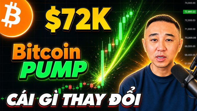 A YouTube-style thumbnail features a man speaking into a microphone against a candlestick chart background, with Bitcoin's price highlighted at $72K and bold text reading "Bitcoin PUMP" and "CÁI GÌ THAY ĐỔI" (Vietnamese for "What changed"). The image visually supports the accompanying post announcing a video about Bitcoin's strong price pump, emphasizing the shift in market sentiment that drove the rally.