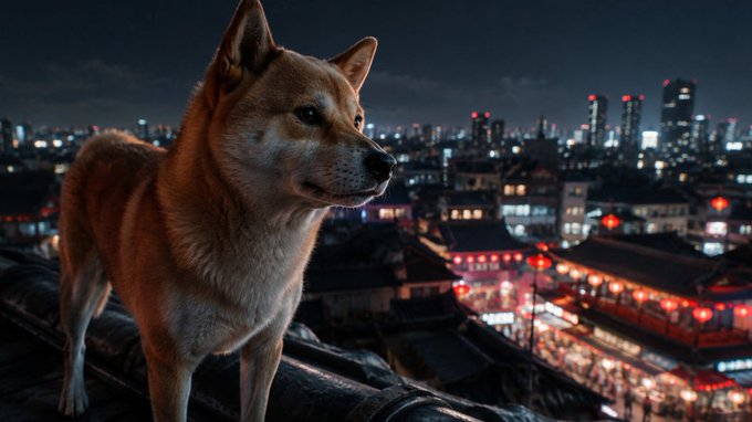 A Shiba Inu dog stands on a rooftop in the foreground, overlooking a vibrant cityscape with illuminated traditional Japanese buildings and a modern skyline at night.