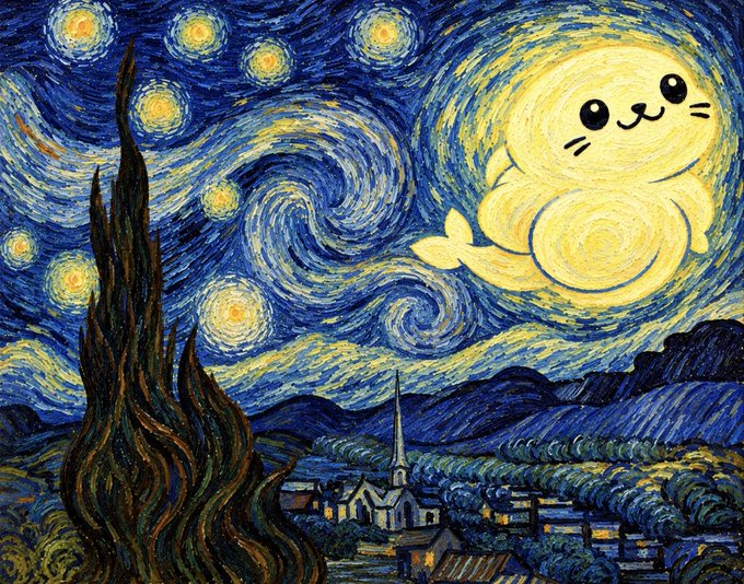 Van Gogh's "Starry Night" reimagined with a cute, smiling whale-shaped moon floating in the swirling night sky.