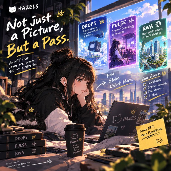 An anime-style NFT promotional poster for 'HAZELS' featuring a dark-haired girl with a laptop, with text reading 'Not Just a Picture, But a Pass' and sections labeled 'DROPS', 'PULSE', and 'RWA'.