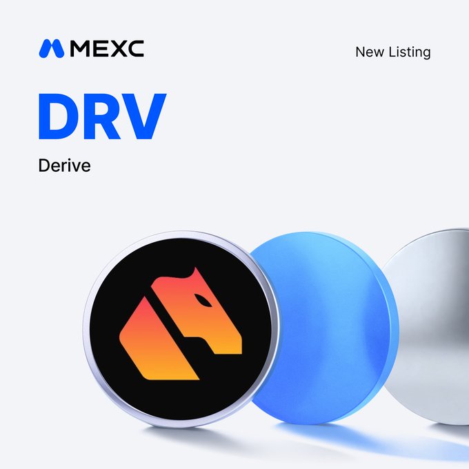 MEXC new listing announcement featuring the DRV (Derive) token, displayed with a stylized orange horse logo on a circular black badge, promoting DRV/USDT trading in the Assessment Zone on July 14, 2026.