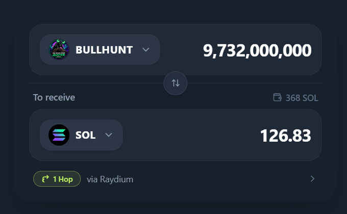 A cryptocurrency swap interface showing BULLHUNT being exchanged for SOL, with 9,732,000,000 BULLHUNT receiving 126.83 SOL (368 SOL), routed via Raydium in 1 Hop.