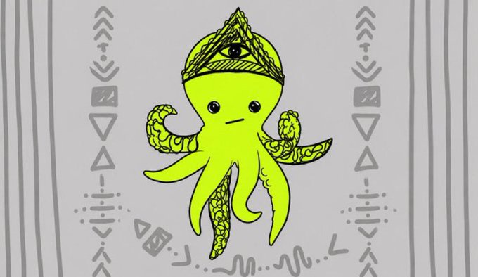 A neon green illustration of a cute octopus wearing a pyramid-shaped hat with an eye symbol (resembling the Eye of Providence), surrounded by abstract symbols and patterns on a gray background.