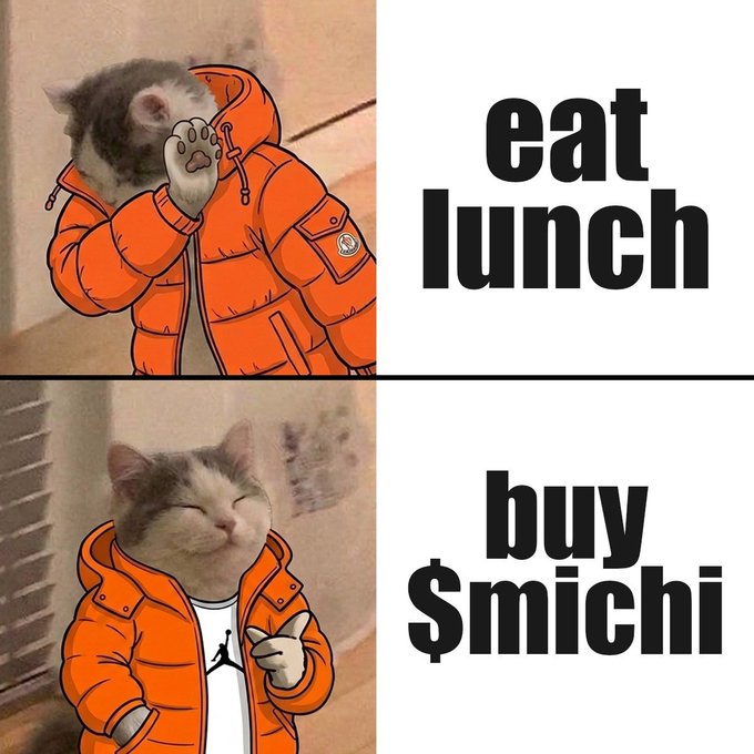 A two-panel meme featuring a cat wearing an orange puffer jacket; the top panel reads 'eat lunch' and the bottom reads 'buy $michi'.