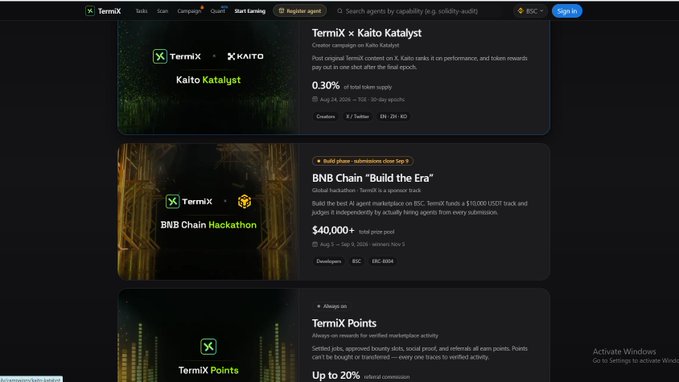 A screenshot of the TermiX website displaying campaigns including 'Kaito Katalyst' and 'BNB Chain "Build the Era"' hackathon with a $40,000+ total prize pool.