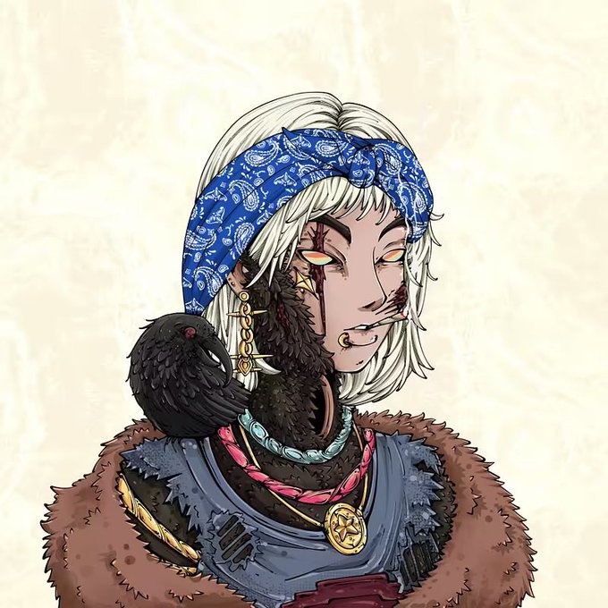 A stylized anime-style illustration of a pale character with short blonde hair, a blue bandana, a black bird on their shoulder, face tattoos, and a cigarette in their mouth.